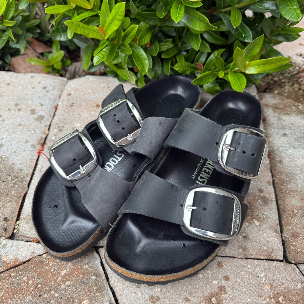 Birkenstock Black Sandals with Big Silver Buckles